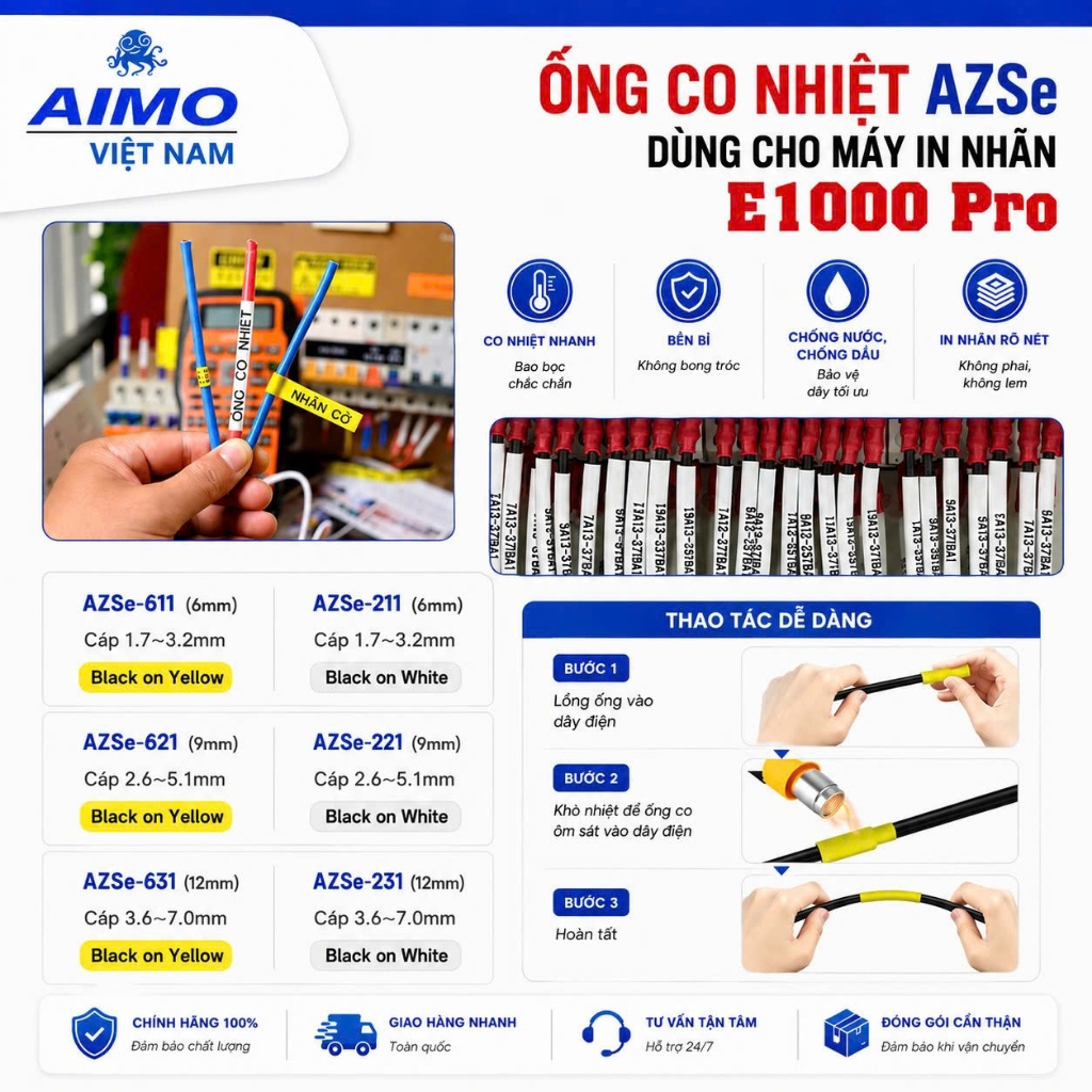 Ống co nhiệt AZSe 6mm,9mm,12mm dùng cho máy in nhãn E1000 Pro
