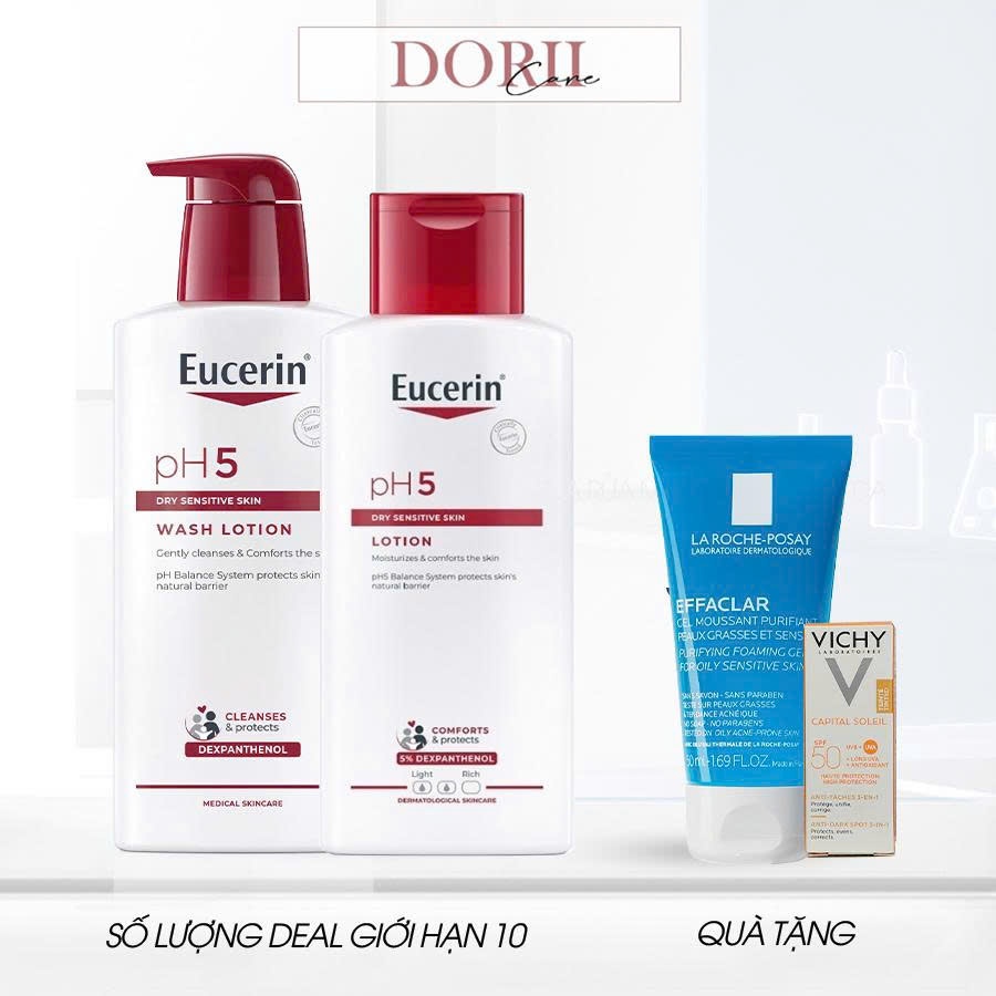 Combo Sữa tắm 400ml & Sữa dưỡng thể Eucerin pH5 Lotion dưỡng ẩm dành cho da nhạy cảm 250ml tặng srm 