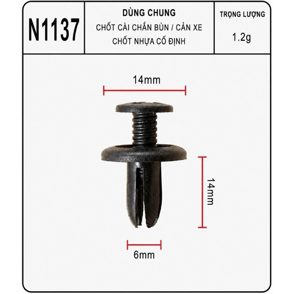 Chốt Nhựa Ô Tô N1137 6mm - Ghim Cài Chắn Bùn, Cản Xe, Tappi Nhựa Thông Dụng