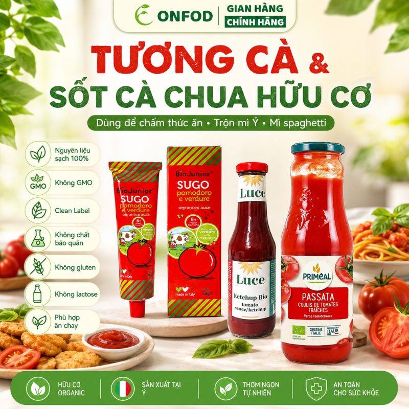 Tương cà sốt trộn mì ý spaghetti hữu cơ ONFOD sốt cà chua cho bé ăn dặm organic