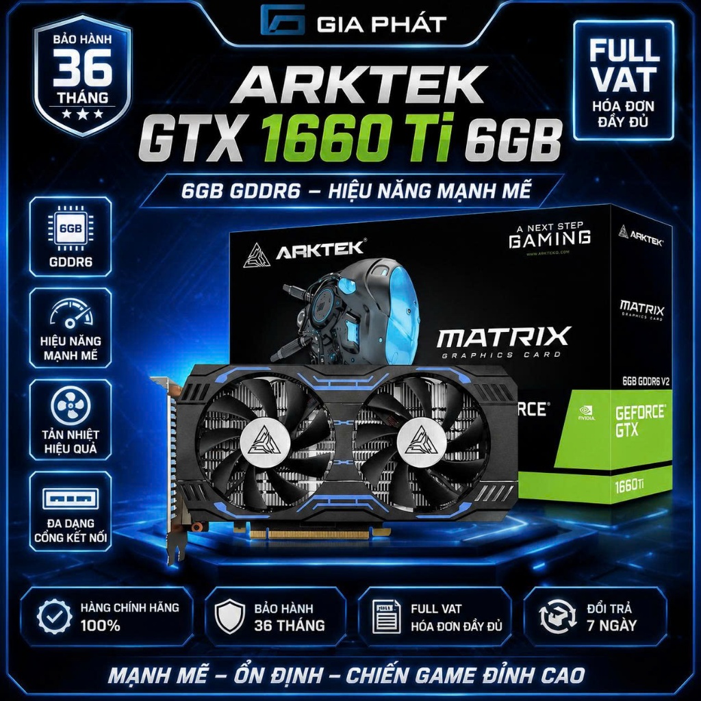 VGA Card màn hình ARKTEK GTX 1660 Ti 6GB GDDR6 | 1660ti 6G D6 | FULL VAT | CHÍNH HÃNG | BH 36T