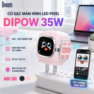 Sạc nhanh PD 35W Dipow Divoom màn hình LED Pixel cổng USB-C chân gập 90 độ chống quá tải và đoản mạch - Chính hãng