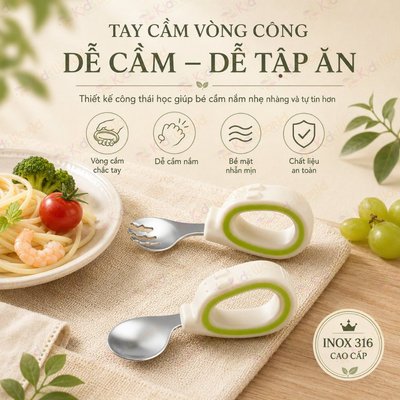 (TẶNG HỘP) Bộ Thìa nĩa tập ăn cho bé KidsWorld tay cầm silicon mềm, muỗng cong, inox 316, an toàn