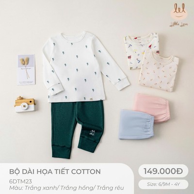Bộ Dài Tay Cotton In Họa Tiết LiL Little Love [ Mềm, Mát, Mịn Co Dãn Và Thấm Hút Mồ Hôi Tốt] Size 6M - 4Y (6DTM23)