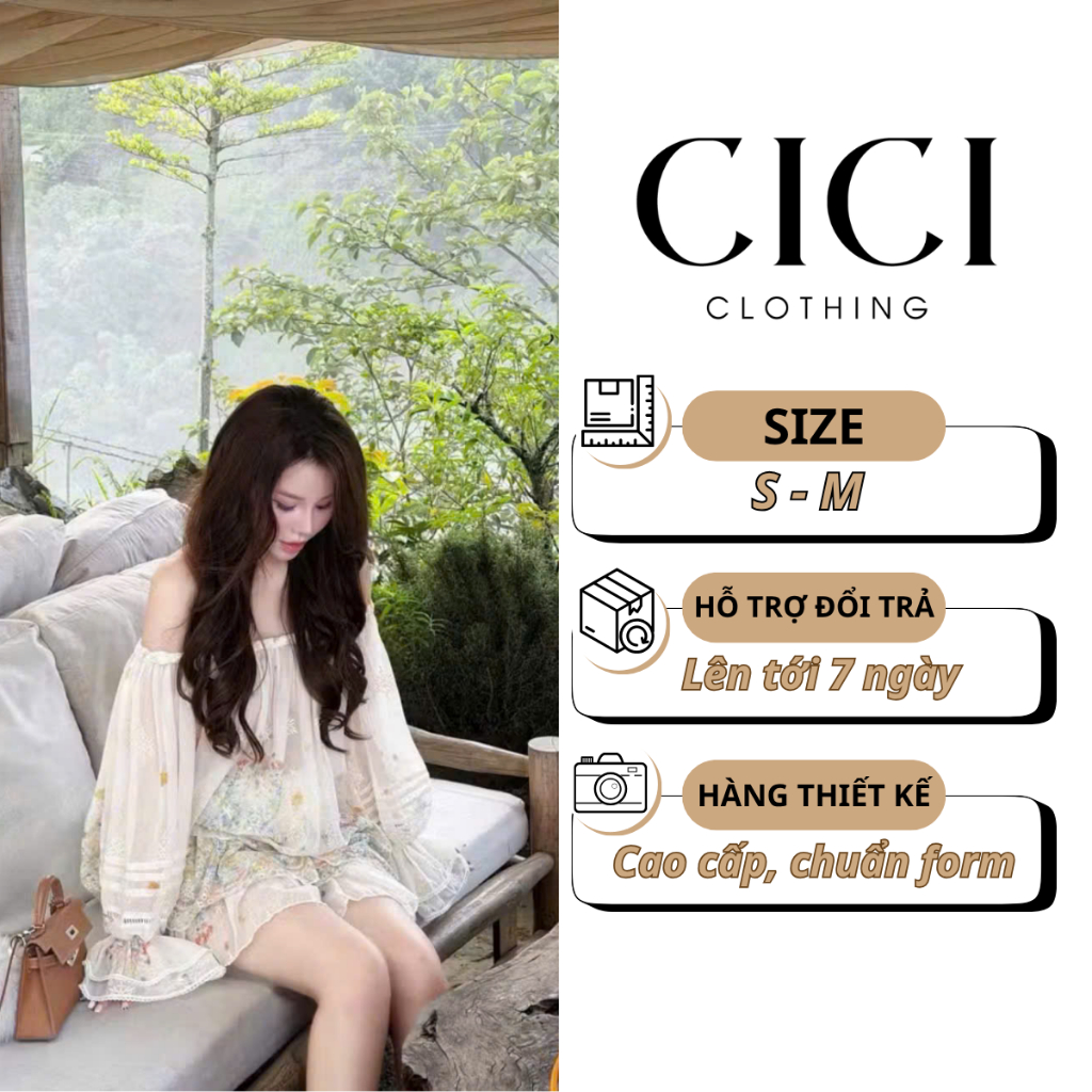 Set Áo Trễ Vai Tay Dài Phối Ren Hoa kèm quần đùi Vintage Tiểu Thư Hàn Quốc - CiCi Clothing [M104]
