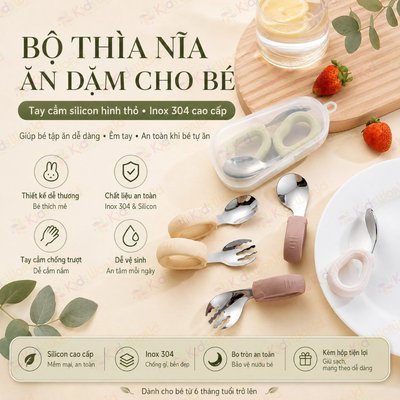 (Tặng Hộp) Bộ Thìa nĩa tập ăn cho bé, tay cầm silicon mềm, muỗng cong, Inox 316 KidsWorld an toàn