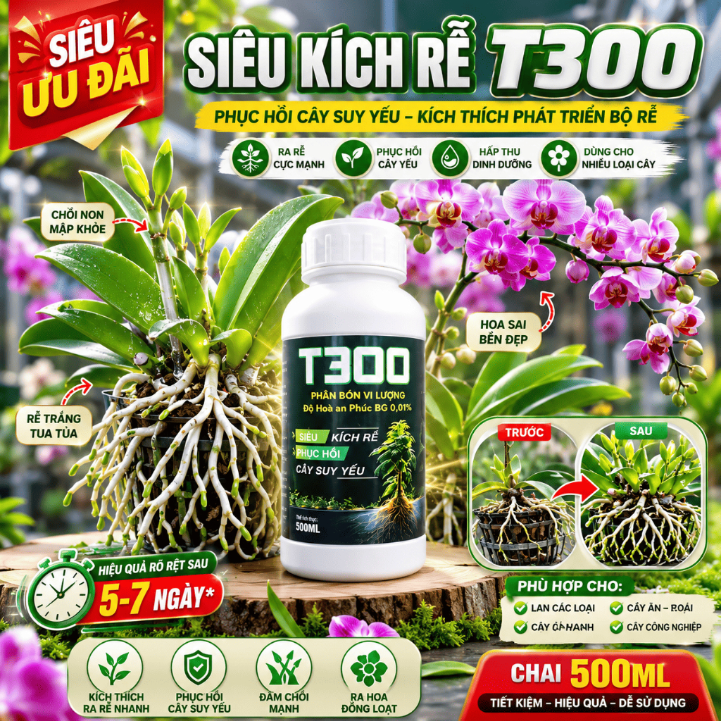 T300 Siêu Kích Rễ Hoa Lan 500ml - Phục Hồi Cây Suy Yếu, Ra Rễ Nhanh, Bật Chồi,Phân Bón Vi Lượng Cho 