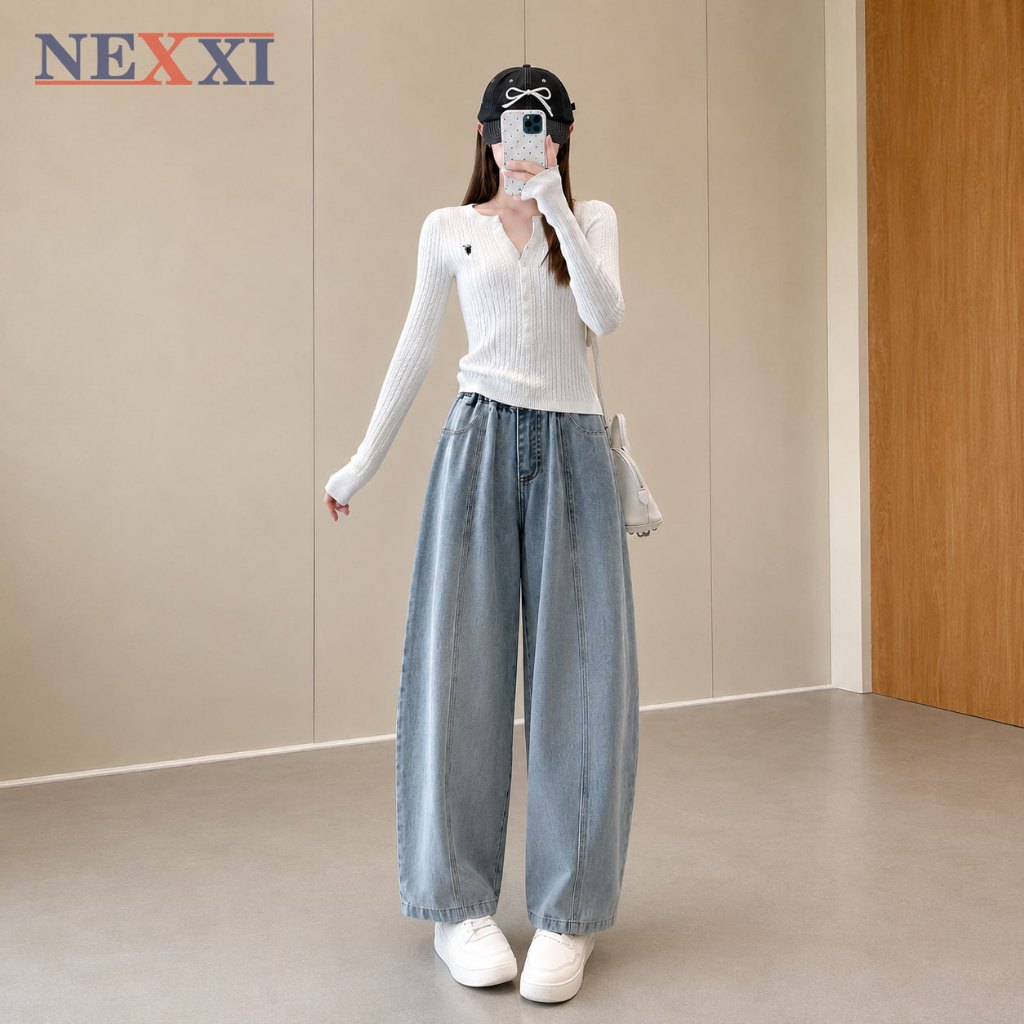 Quần Jean Barrel Bé Gái NEXXI – Quần Jean Dài Ống Cong Rã Giữa Hottrend, Lưng Thun Co Giãn, Phong Cá
