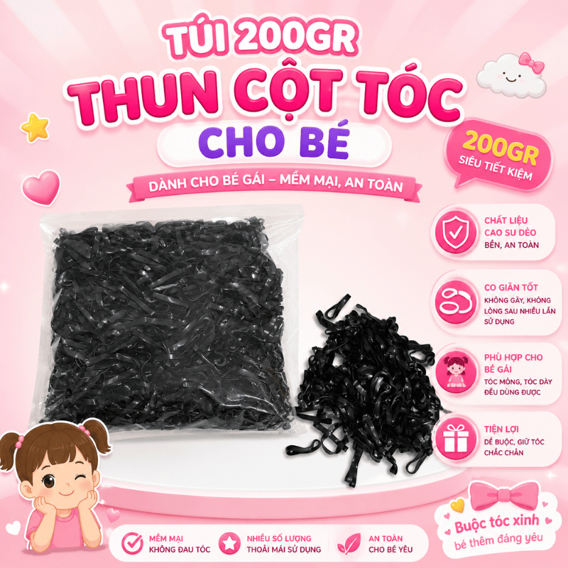 Túi 200gr Thun Cột Tóc Cho Bé – Dây Thun Buộc Tóc Mềm Mại Co Giãn Tốt, Không Đau Tóc, Bền Đẹp