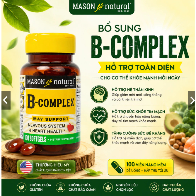 Viên uống hỗ trợ stress, căng thẳng, lo lắng, mệt mỏi, suy nhược Mason Natural B-Complex 100 viên