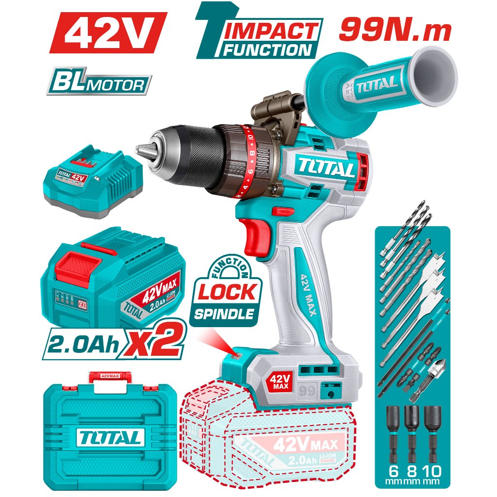 Máy Khoan Động Lực Dùng Pin 42V Total TIDLI429982 Không Chổi Than 99Nm Kèm 2 Pin 2.0Ah Và Sạc Chính 