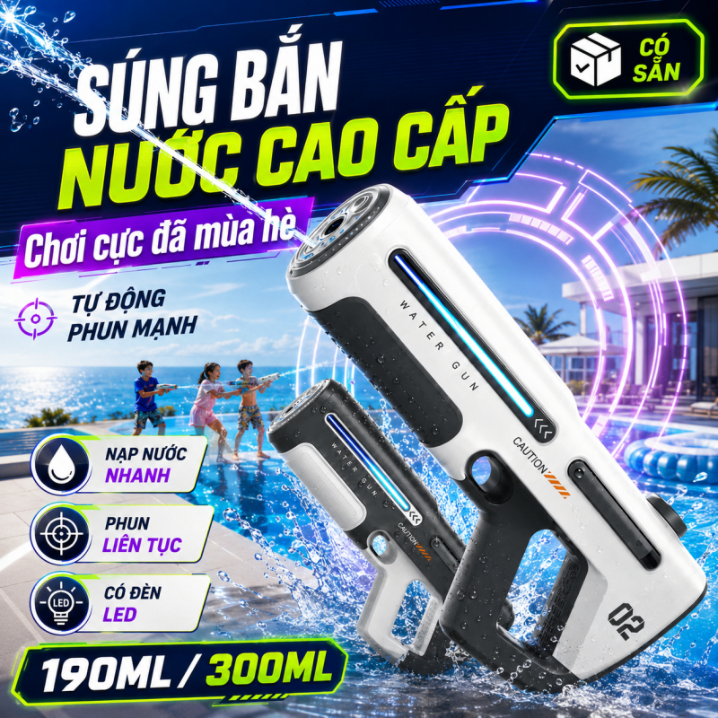 Súng nước điện, súng bắn nước tự động phun liên tục cực mạnh, đồ chơi ngoài trời cho bé đi biển hồ b