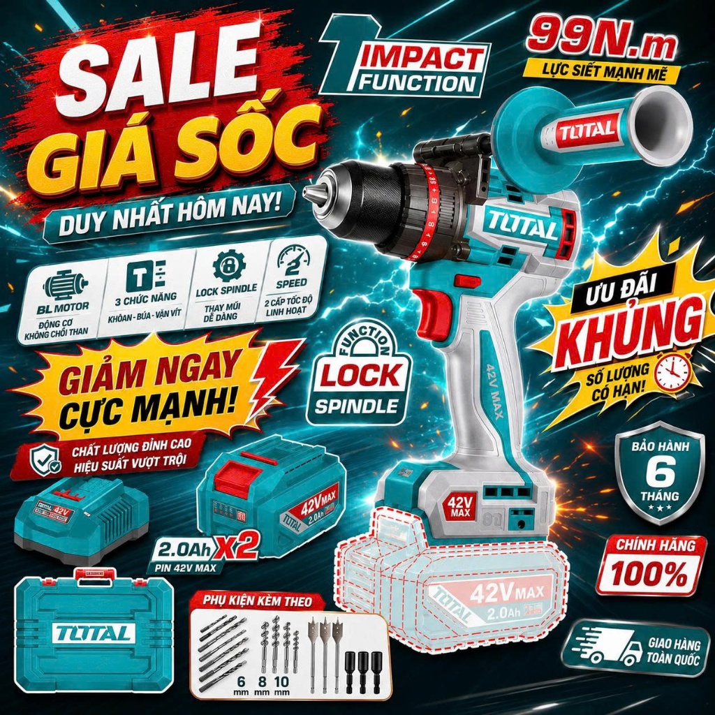 Máy Khoan Pin Total TIDLI429982 42V Không Chổi Than 99Nm Khoan Gỗ Sắt Tường Kèm 2 Pin 2.0Ah