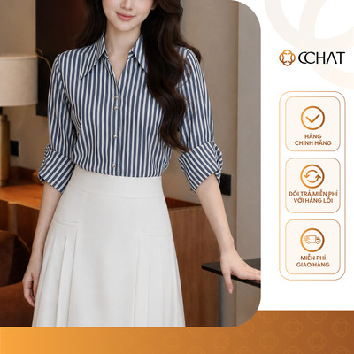Áo Sơ Mi Nữ 𝐂𝐂𝐇𝐀𝐓 Dáng Suông Kẻ Halo Room Tay Lỡ Chất Liệu Cao Cấp 16FDT7169ST