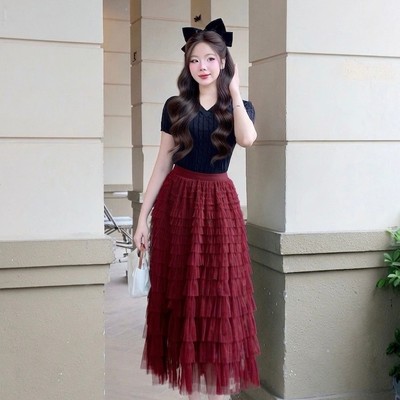 Chân váy dài nữ voan lưới xếp tầng dáng xòe sang trọng Callene (XK662)