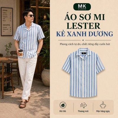 Áo sơ mi kẻ sọc màu xanh dương cho nam Lester MK CLEVER chất đũi thô, thoáng mát, chống nhăn, form rộng hằng ngày