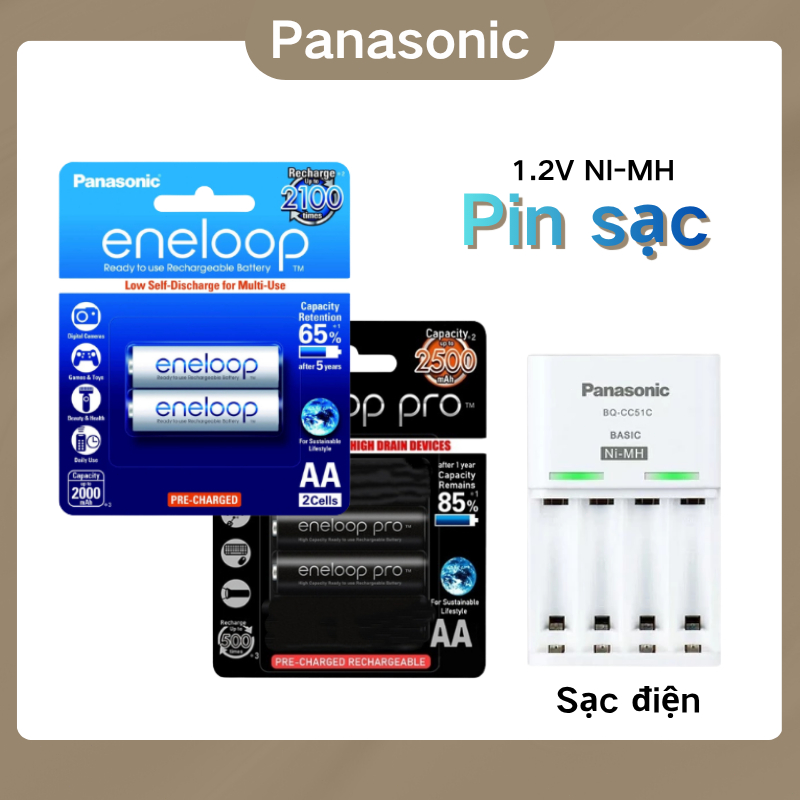 1.2V AA 2550mAh/AAA 900mAh/Eneloop Ni-MH AA/AAA Vi 2/4 Viên Panasonic Eneloop Pro Pin Sạc Bộ Sạc  BQ