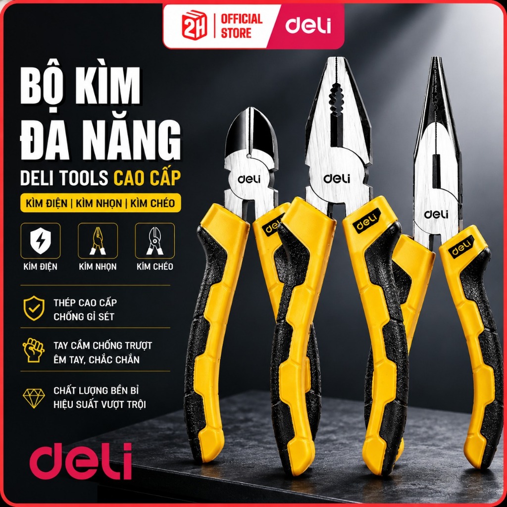 Bộ 3 Kìm Đa Năng Deli Thép CR-V Chống Gỉ- Kìm Cắt Dây Điện, Kìm Mũi Nhọn, Kìm Kẹp Cắt Thép, Tools