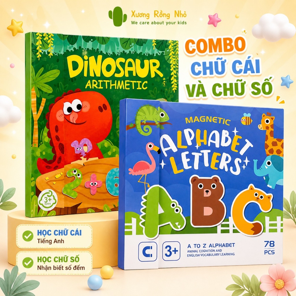 Combo 2 Bảng Học Chữ Số Chữ Cái Tiếng Anh ABC Nam Châm Từ Tính Animal Alphabet Letters