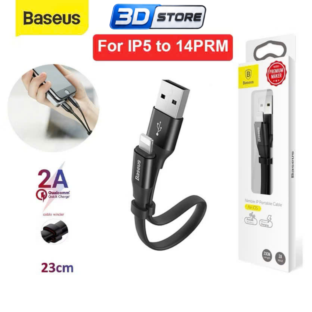 Cáp ngắn BASEUS dùng Pin dự phòng 23Cm cho IP USB to Lighting Chống rối Siêu bền sạc nhanh 12W - Nim