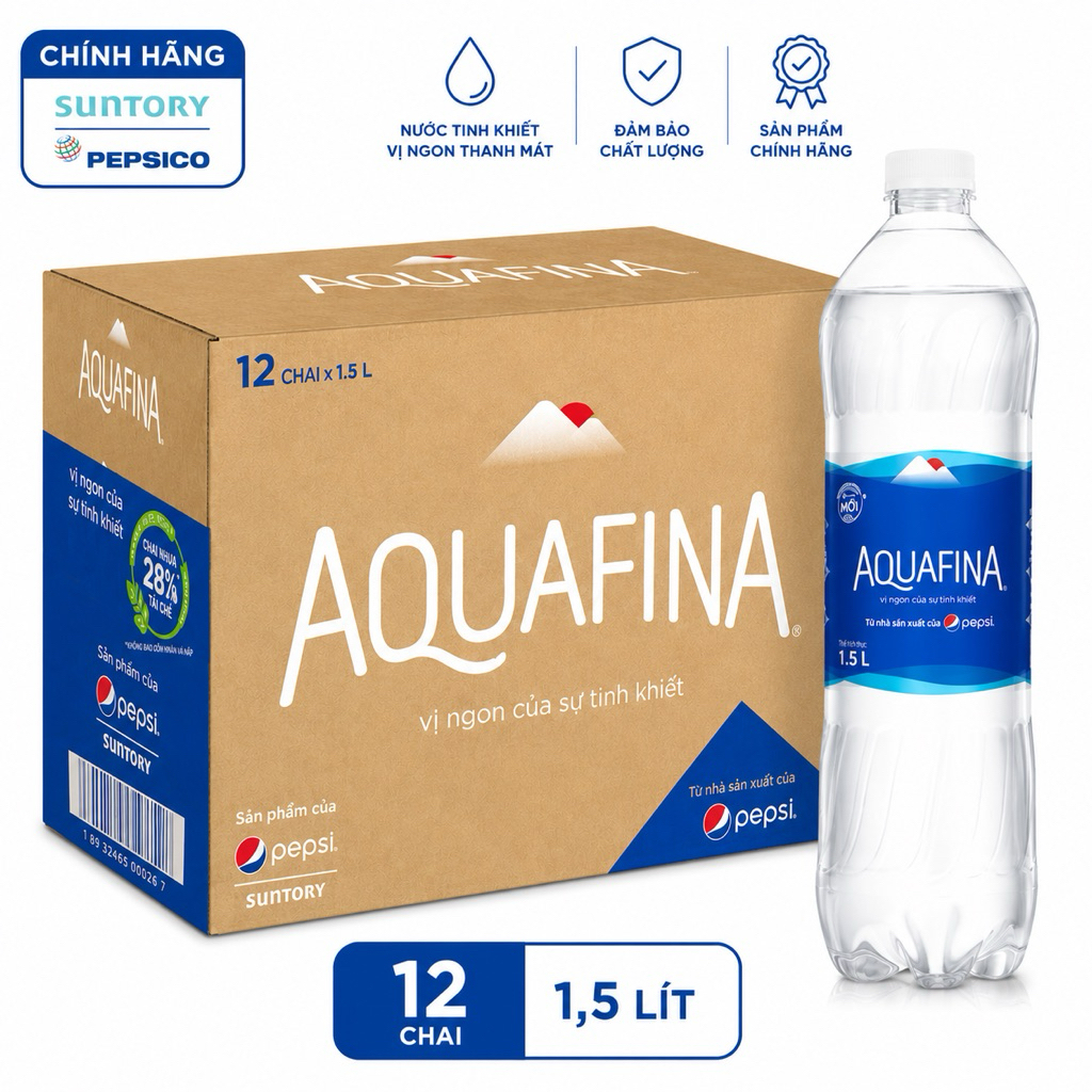 Thùng 12 Chai Nước Tinh Khiết Aquafina 1.5L Chính Hãng Suntory PepsiCo - Thùng 12 Chai Tiện Lợi, Nướ