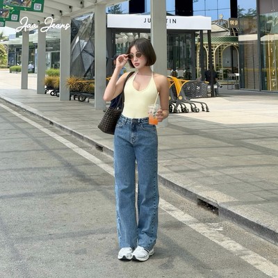 Aaa Jeans - Quần Jean Nữ Ống Suông Dài Cutoff Màu Sapphire Blue Gấu Tua