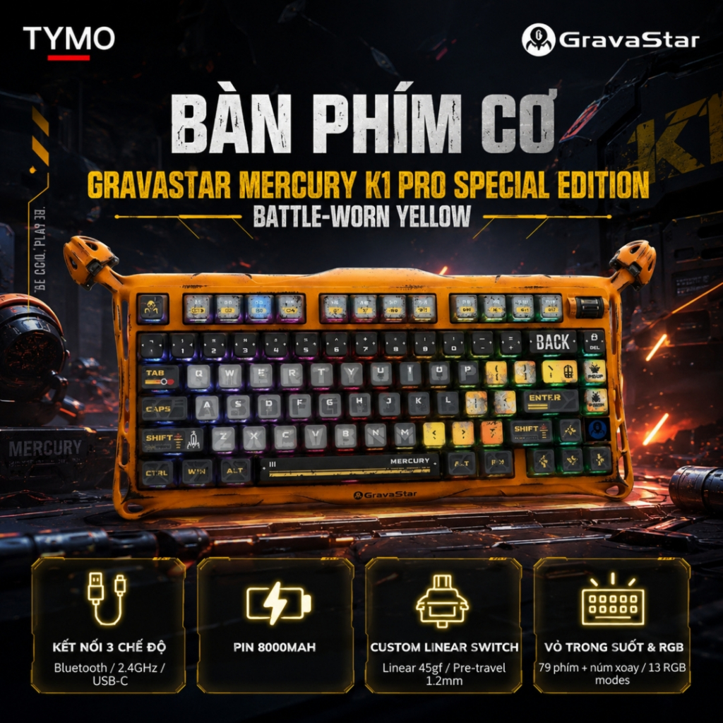 Bàn Phím Cơ Gaming GravaStar Mercury K1 Pro Special Edition Battle-Worn Yellow | 75% | RGB