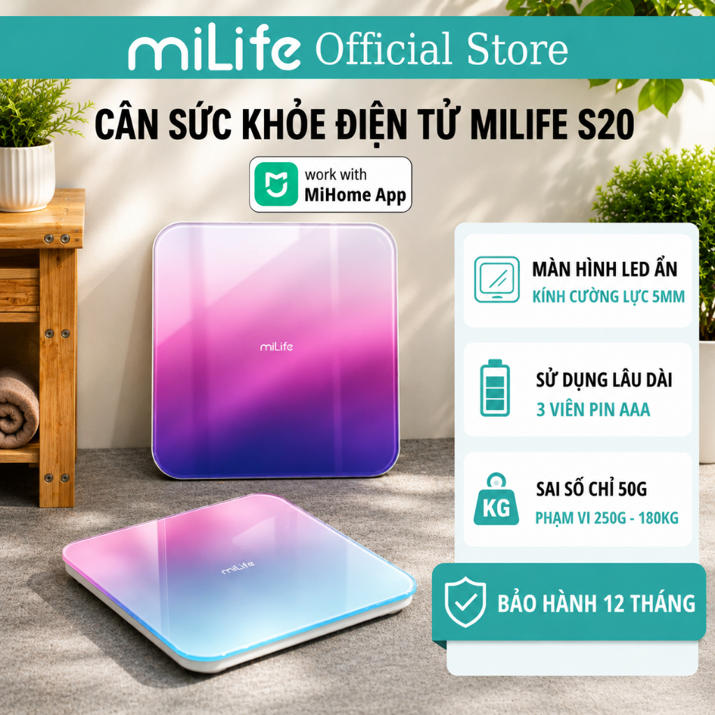 Cân ký thông minh miLife S20 hỗ trợ đến 180Kg, Cân S20 Plus có kết nối app mihome