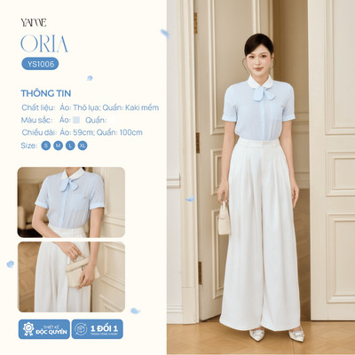 Set Nữ Thiết Kế YAME Công Sở Áo Sơ Mi Cổ Sen, Tay Lỡ Kèm Nơ Rời & Quần dài 100cm Túi Sườn - ORIA YS1006