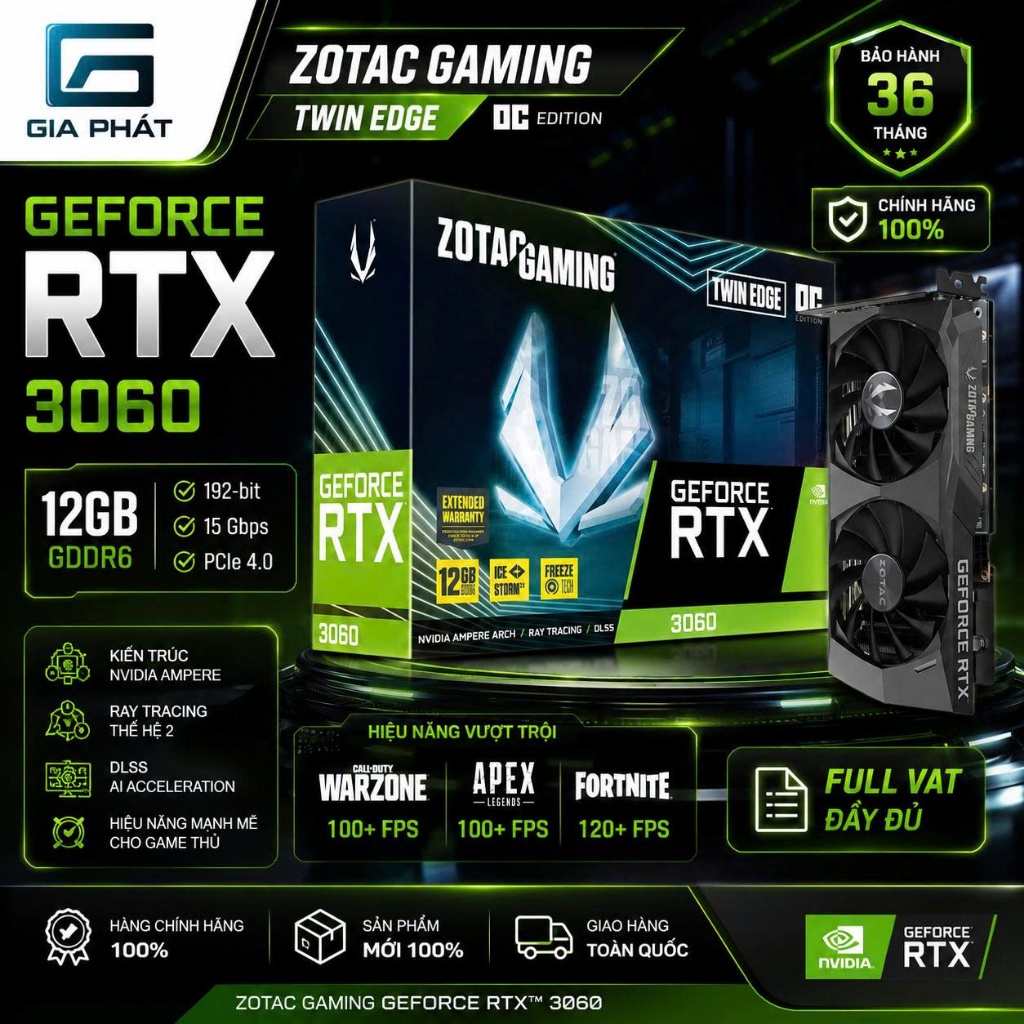 Vga Card Màn Hình RTX 3060 12GB Zotac Twin EDGE OC GDDR6 - FULL VAT - Chính hãng