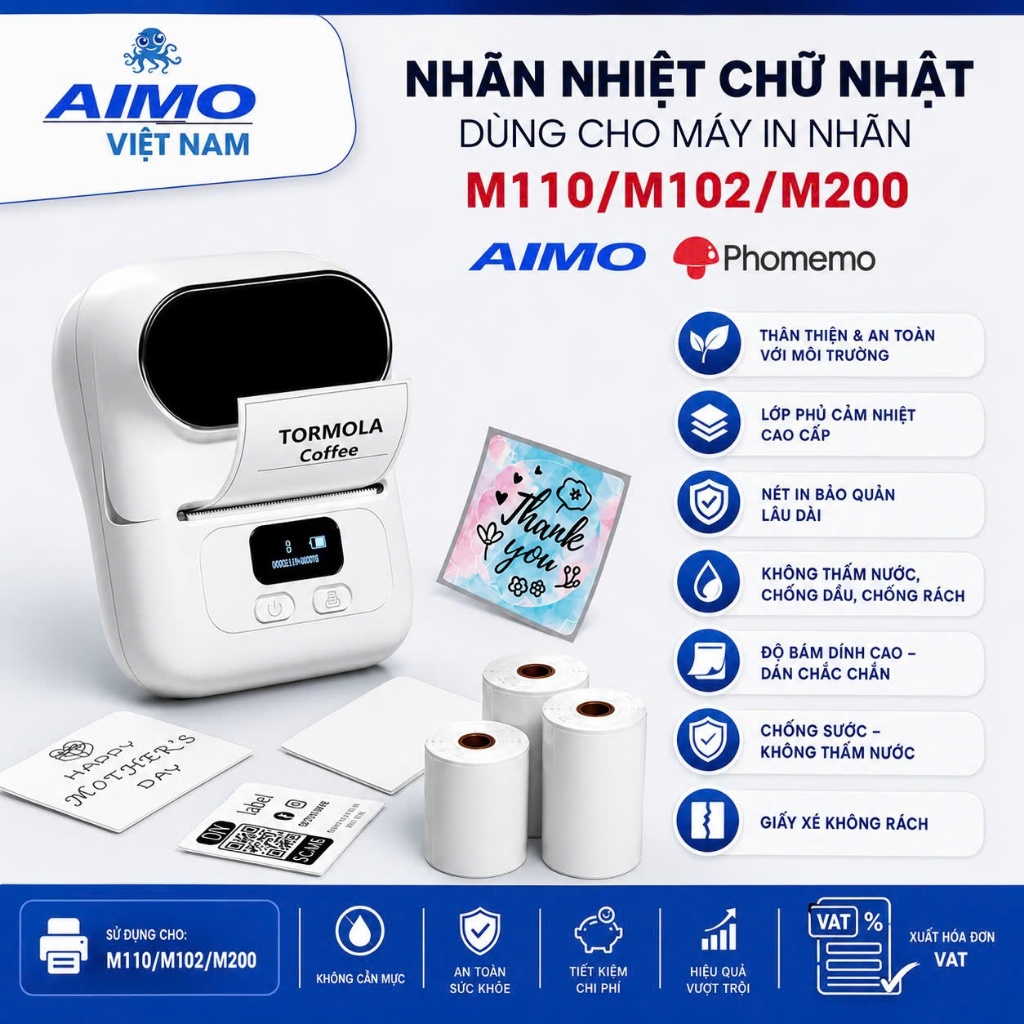 Nhãn Nhiệt Nền Màu Chữ Nhật Cho Máy In Nhãn AIMO/Phomemo M110/M200/M220