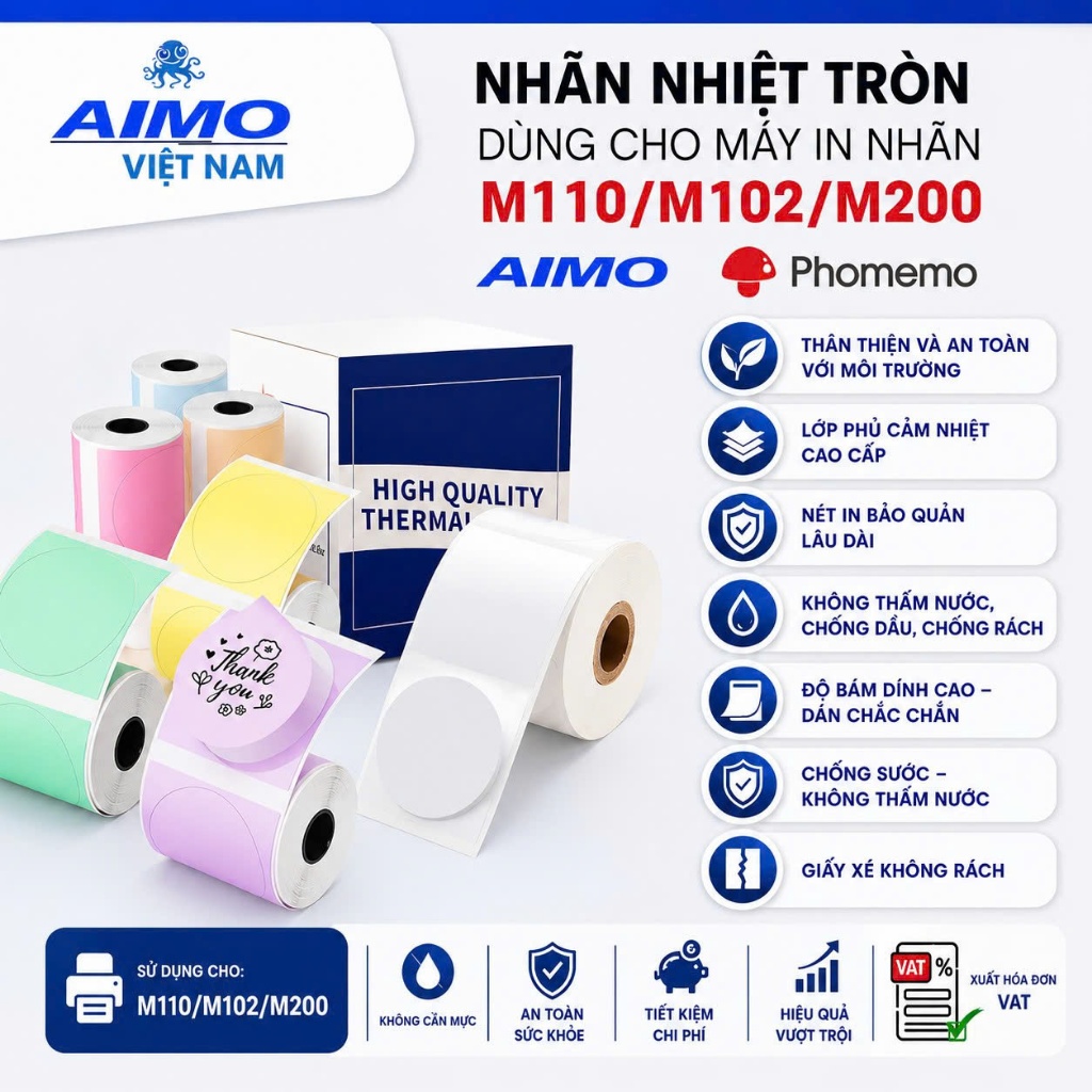 Nhãn In Tem Tròn Nhiều Màu Dùng Cho Máy In Nhãn AIMO/Phomemo M110/M200/M220/M102