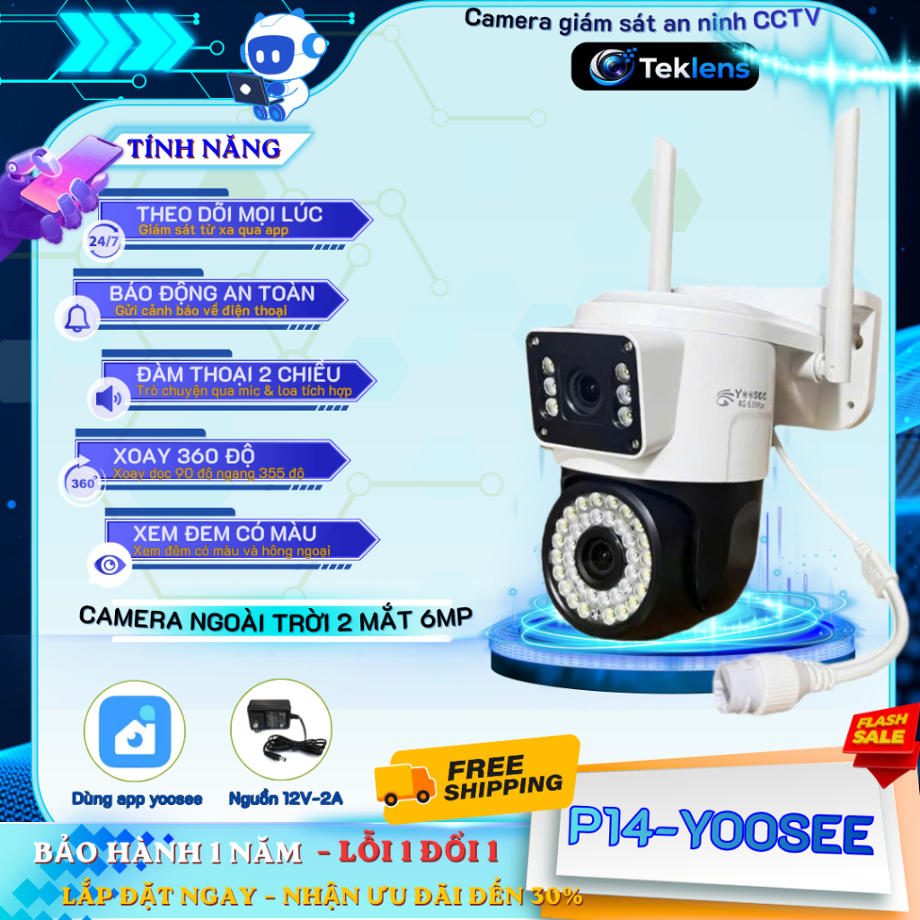 Camera giám sát P14-Yoosee Camera 2 mắt 2 khung hình - Đàm thoại 2 chiều - Xoay ngang 360 độ xoay dọ