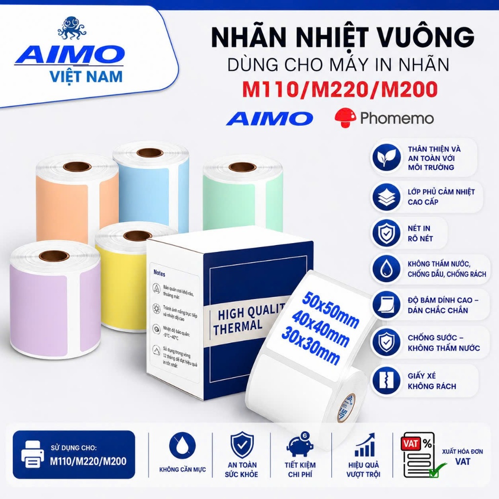 Nhãn In Tem Vuông Nhiều Màu Dùng Cho Máy In Nhãn AIMO/Phomemo M110/M200/M220/M102