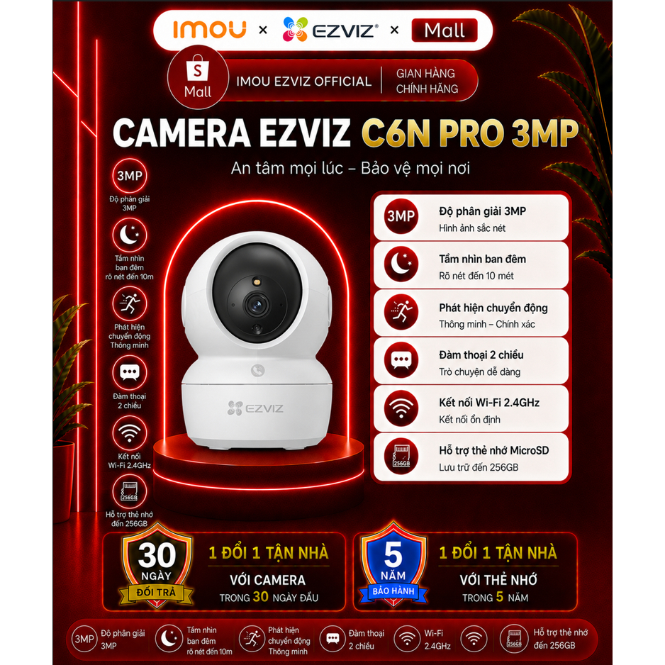 Camera EZVIZ C6N PRO độ phân giải 2K-3MP, camera 360 theo chuyển động, cảnh báo còi hú