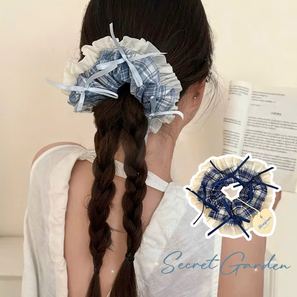 Dây Buộc Srunchies Caro  Xanh Phối Nơ Bèo Phong Cách Vintage Hàn Quốc – Cột tóc Srunchies Xinh Xắn, 