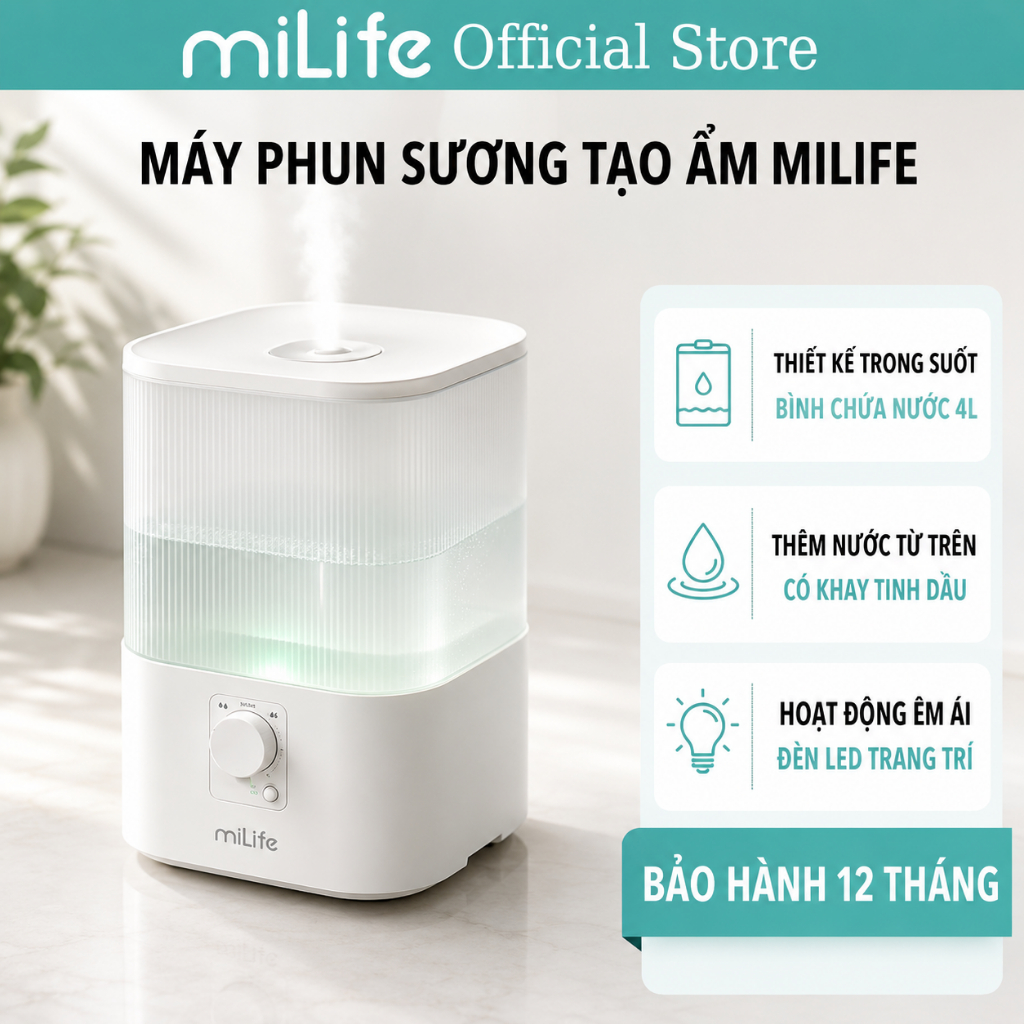 Máy Tạo Ẩm Không Khí miLife H86 300ml/h | Phun Sương H88 410ml/h | Dung Tích Lớn | Đèn Ngủ Tiện Lợi