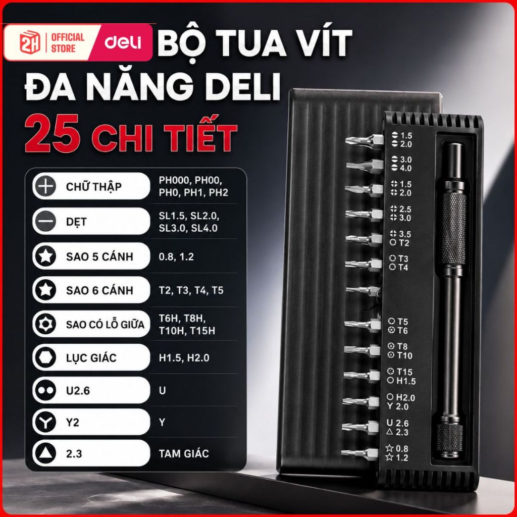 Bộ Tua Vít Đa Năng DELI 25 Chi Tiết Đa năng - Hiện Đại, Đầu Vít Từ TÍnh Dễ Sử Dụng, DL240025B, Tools
