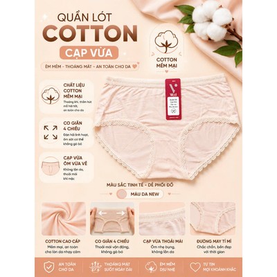 Quần lót nữ cotton lụa Vicci 109 mềm mại, êm ái, thấm hút mồ hôi, kháng khuẩn khử mùi dáng lưng vừa