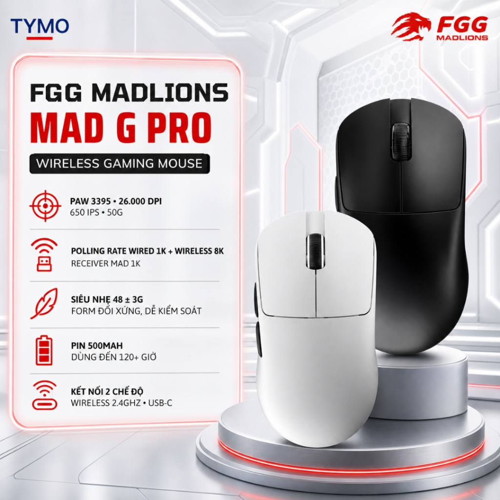 Chuột Không Dây Gaming FGG MADLIONS MAD G Pro |  PAW3395 | 26000 DPI | 1000Hz | Siêu Nhẹ 48g