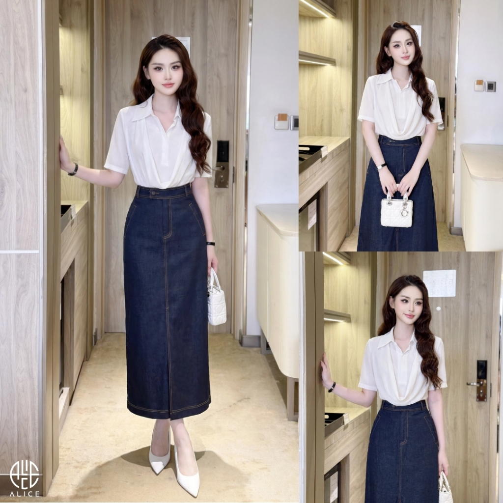 Bộ Áo Sơ Mi Trắng Phối Chân Váy Denim Dài ALICE Set Thời Trang Nữ Cao Cấp Đi Làm S1116