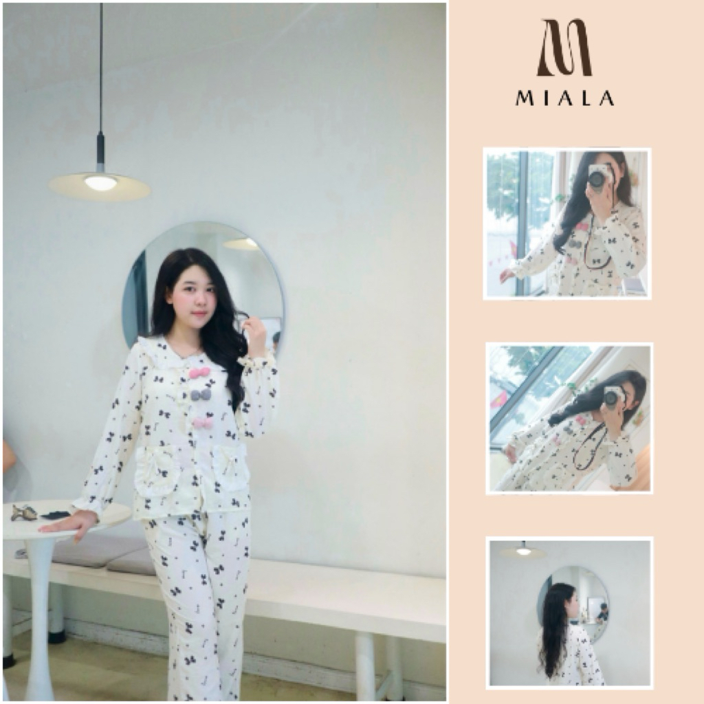 [Deal Mở Bán] Bộ Ngủ Nữ Dài Miala Hoạ Tiết Nơ Đen Dễ Thương
