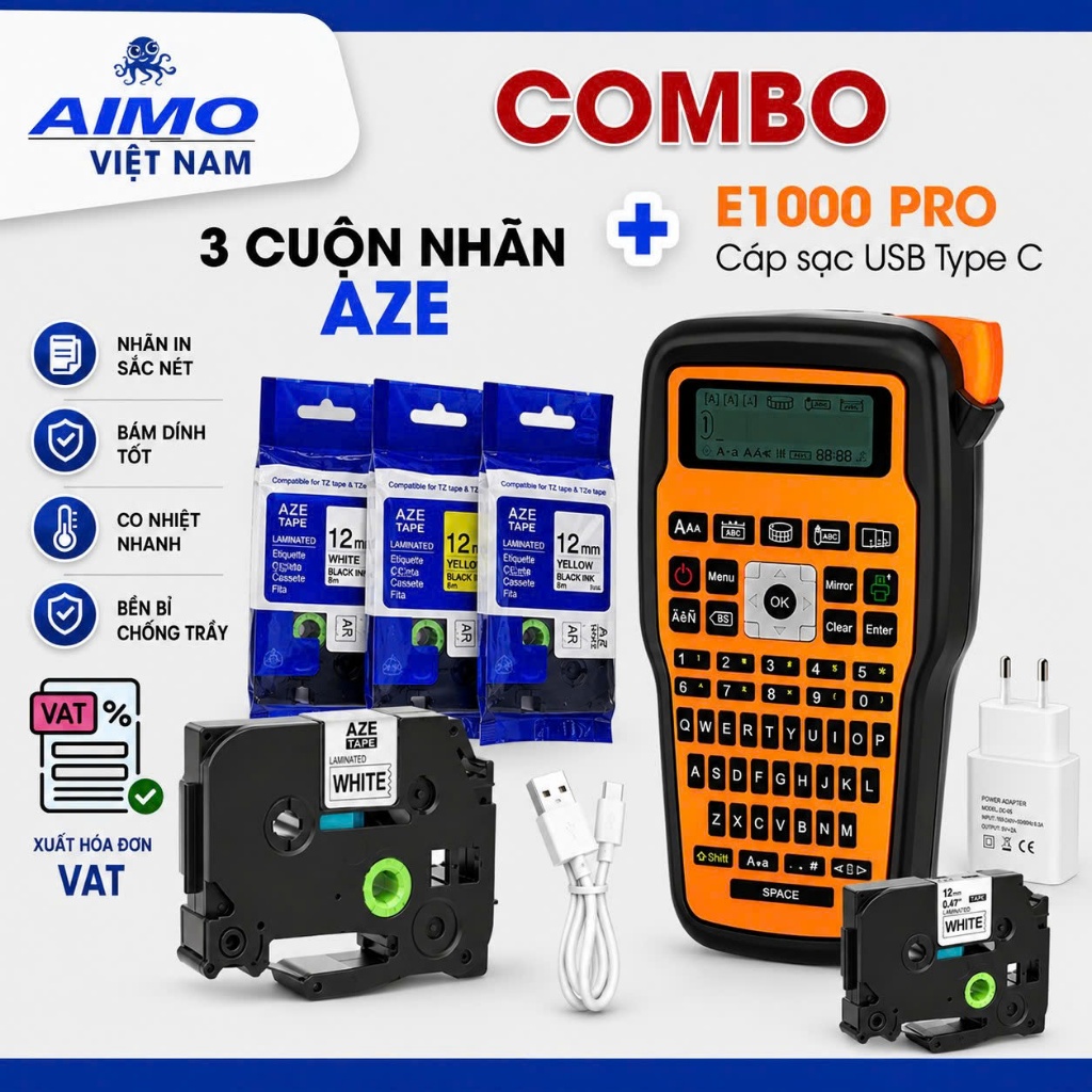 COMBO 𝐄𝟏𝟎𝟎𝟎 𝐏𝐑𝐎 + 3 Cuộn Nhãn In AZe 6mm,9mm,12mm [Hỏa tốc HCM]