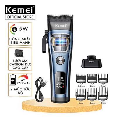 Tông đơ cắt tóc chuyên nghiệp Kemei KM-1911 lưỡi cắt mạ DLC, 2 mức tốc độ, động cơ không chổi than - Chính hãng