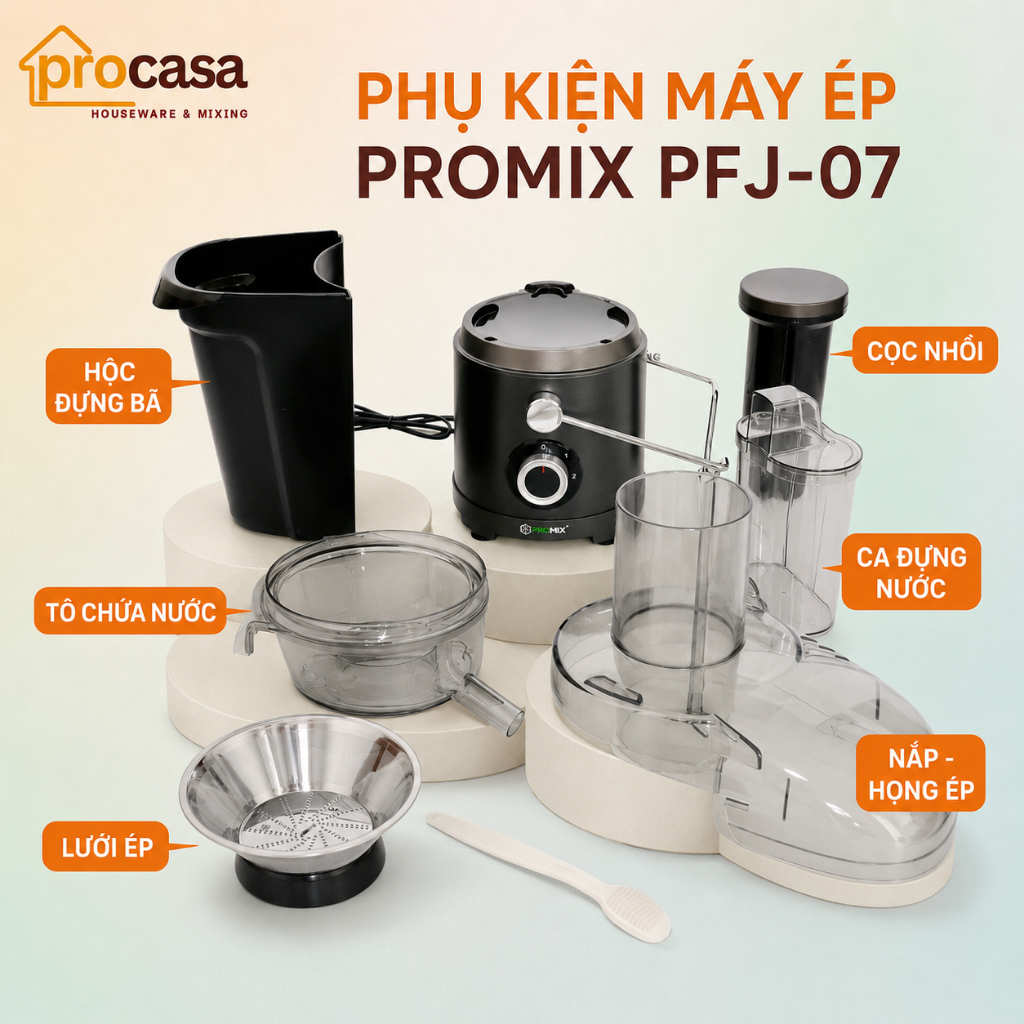 Phụ kiện thay thế Máy ép Promix PFJ-07 - Lưới ép - nắp họng - Tô chứa - Hộc bã - Cọc nhồi