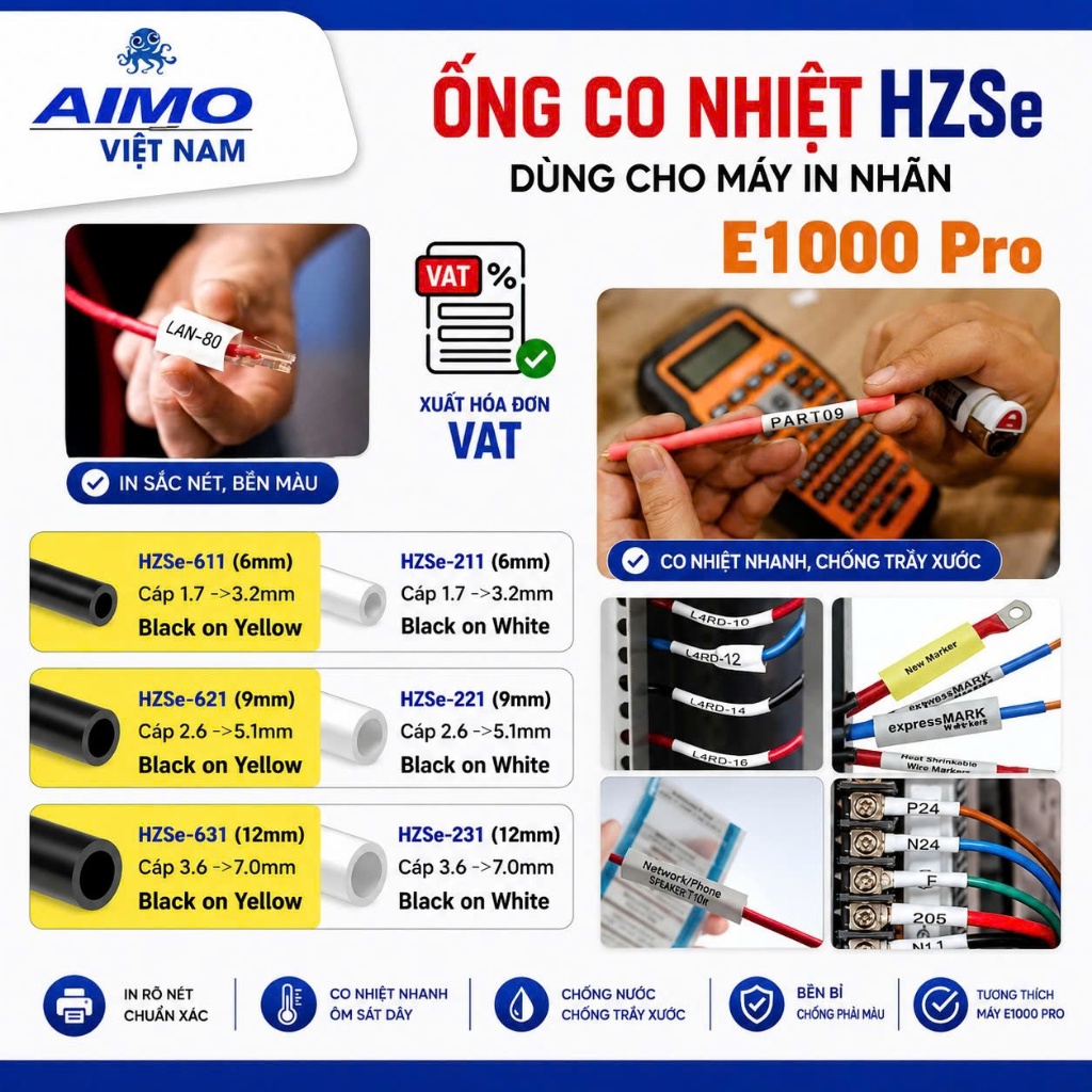 Ống co nhiệt HZSe 6mm,9mm,12mm dùng cho máy in nhãn E1000 Pro