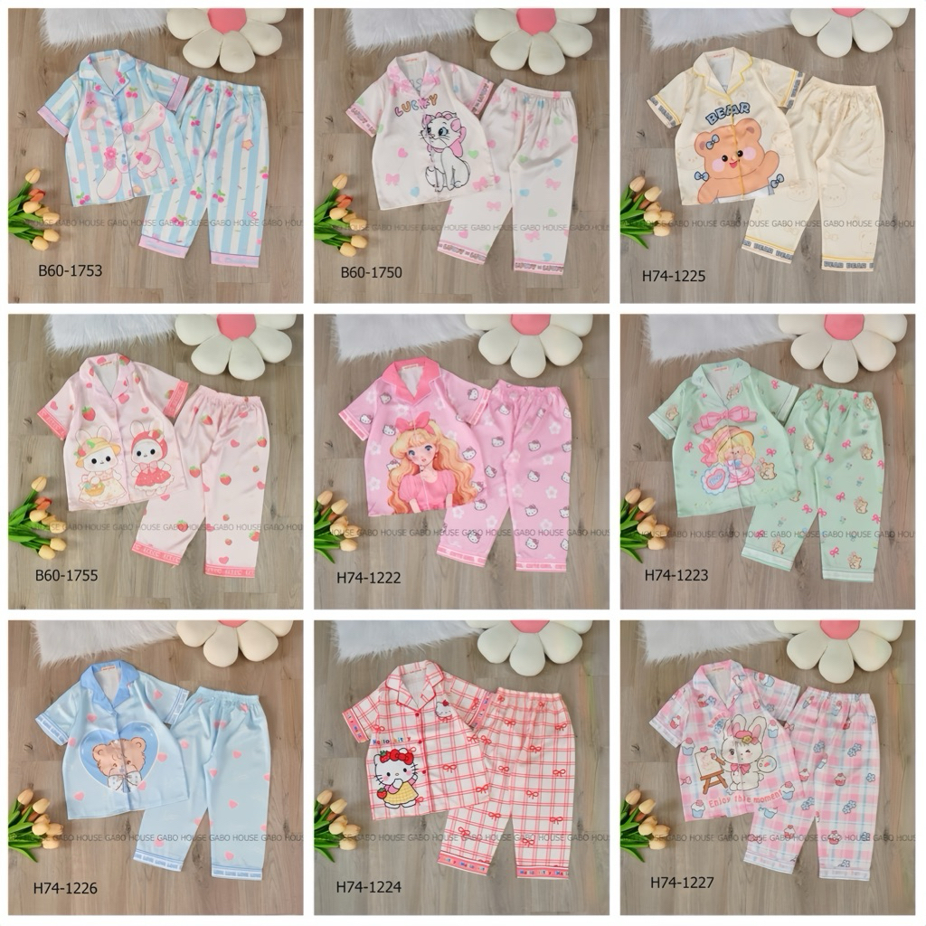 Bộ quần áo pijama lụa latin tay ngắn quần dài cho bé gái in hoạt hình GABO HOUSE B60, H74
