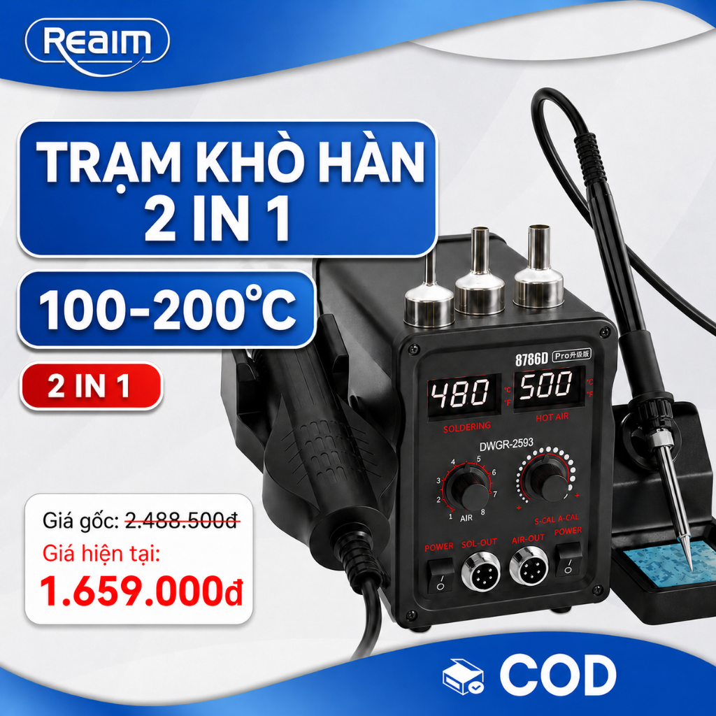 REAIM Máy Khò Hàn - Trạm Hàn Thiếc 2 Trong 1 Mỏ Hàn Điện Tử + Súng Khò Nhiệt Chuyên Dụng Cho Sửa