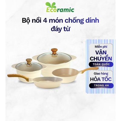Bộ 4 Nồi Chảo Chống Dính Ecoramic EBLMIH4 Đáy Từ, Dùng Mọi Loại Bếp, Tay Cầm Vân Gỗ