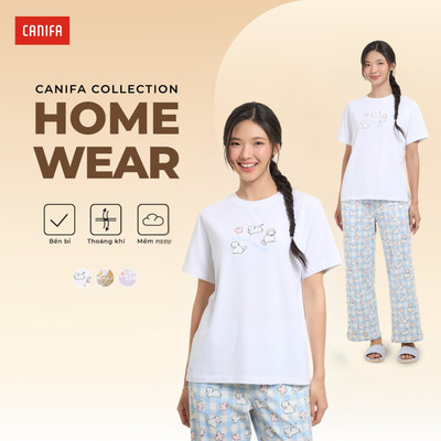 Bộ quần áo nữ áo thun cộc tay in họa tiết quần dài co giãn thấm hút tốt CANIFA 6LS26S010